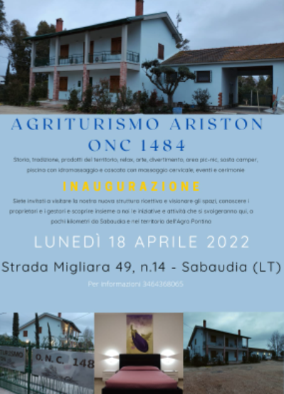 Sabaudia, open day per l'inaugurazione dell'agriturismo 'Ariston ONC 1484': lunedì 18 aprile per l'intera giornata