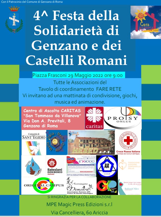 4^ 'Festa della Solidarietà di Genzano e dei Castelli Romani': piazza Frasconi, domenica 29 maggio dalle ore 09,00