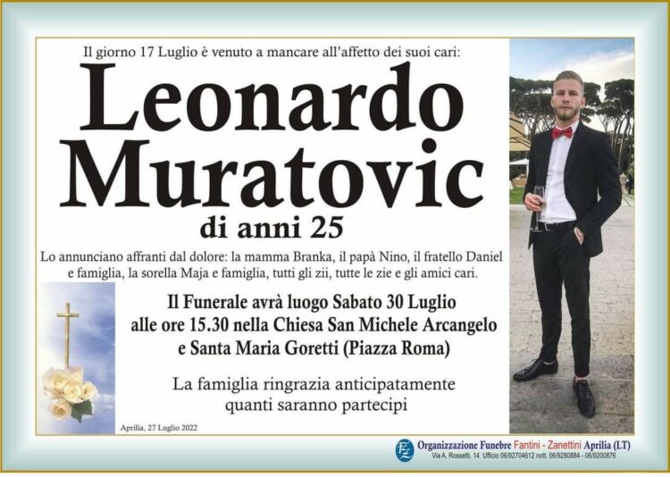 Il 30 luglio ad Aprilia i funerali di Leonardo Muratovic, il 25enne ucciso ad Anzio