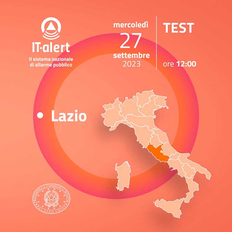Il Test Alert sui telefoni cellulari del Lazio si svolgerà mercoledì 27 settembre