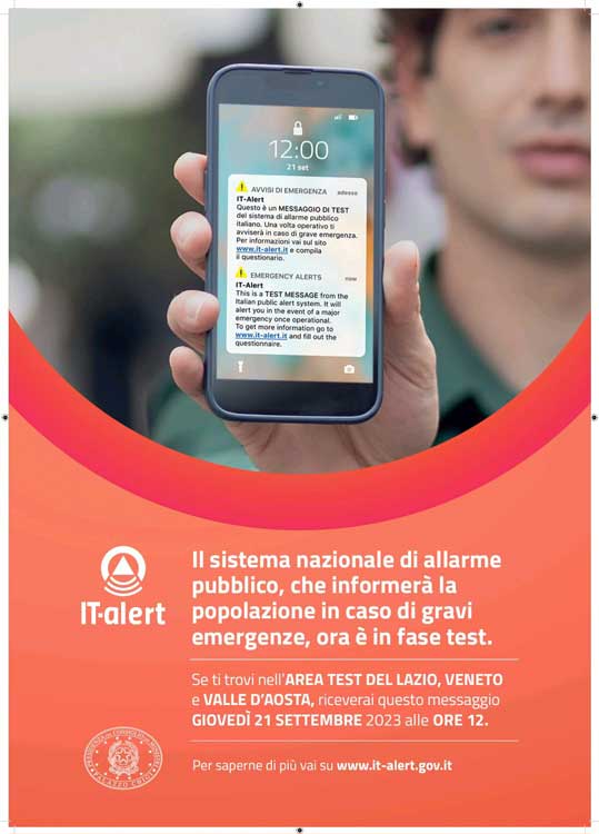 Lazio messaggio IT-alert sui cellulari
