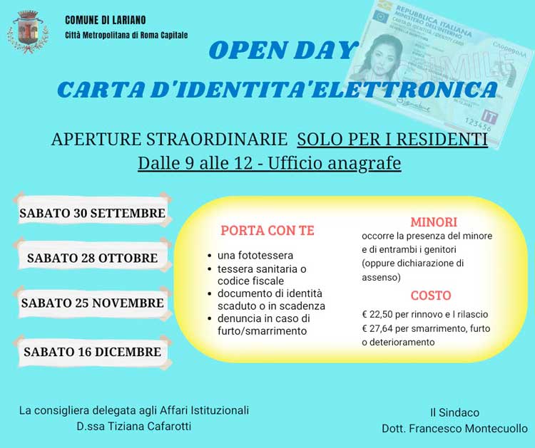 Lariano, Carta d'Identità Elettronica: 4 'open day' straordinari