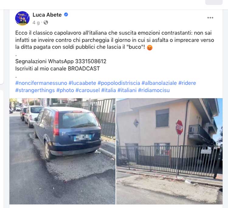 Albano, il caso del 'buco' sull'asfalto di via Bologna a Striscia la Notizia: 'Capolavoro all'italiana'