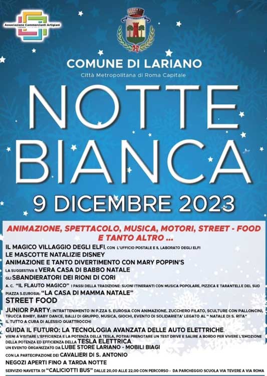 A Lariano arriva il Natale e la... 'Notte Bianca': animazione e spettacoli in piazza Santa Eurosia