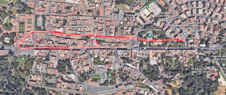 Visualizzazione sulla cartina del percorso ad anello della nuova ciclabile nel centro storico di Albano
