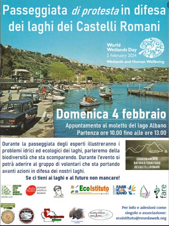 Crisi idrica ai Castelli Romani: la locandina della passeggiata di protesta per i laghi Albano e Nemi