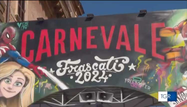 Il cartellone all'ingresso del centro storico di Frascati per il Carnevale 2024