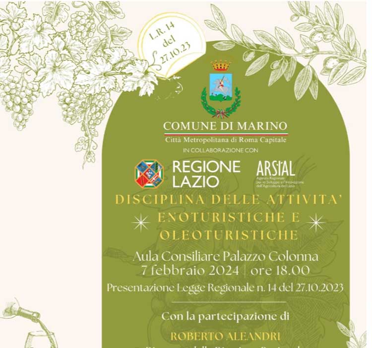 Marino, turismo dell'olio e del vino, la legge regionale 'sbarca' a palazzo Colonna