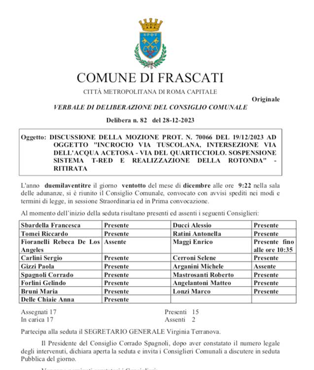 Il testo elaborato dai consiglieri comunali di Frascati