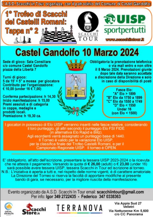 Il programma del 1° torneo di scacchi dei Castelli Romani