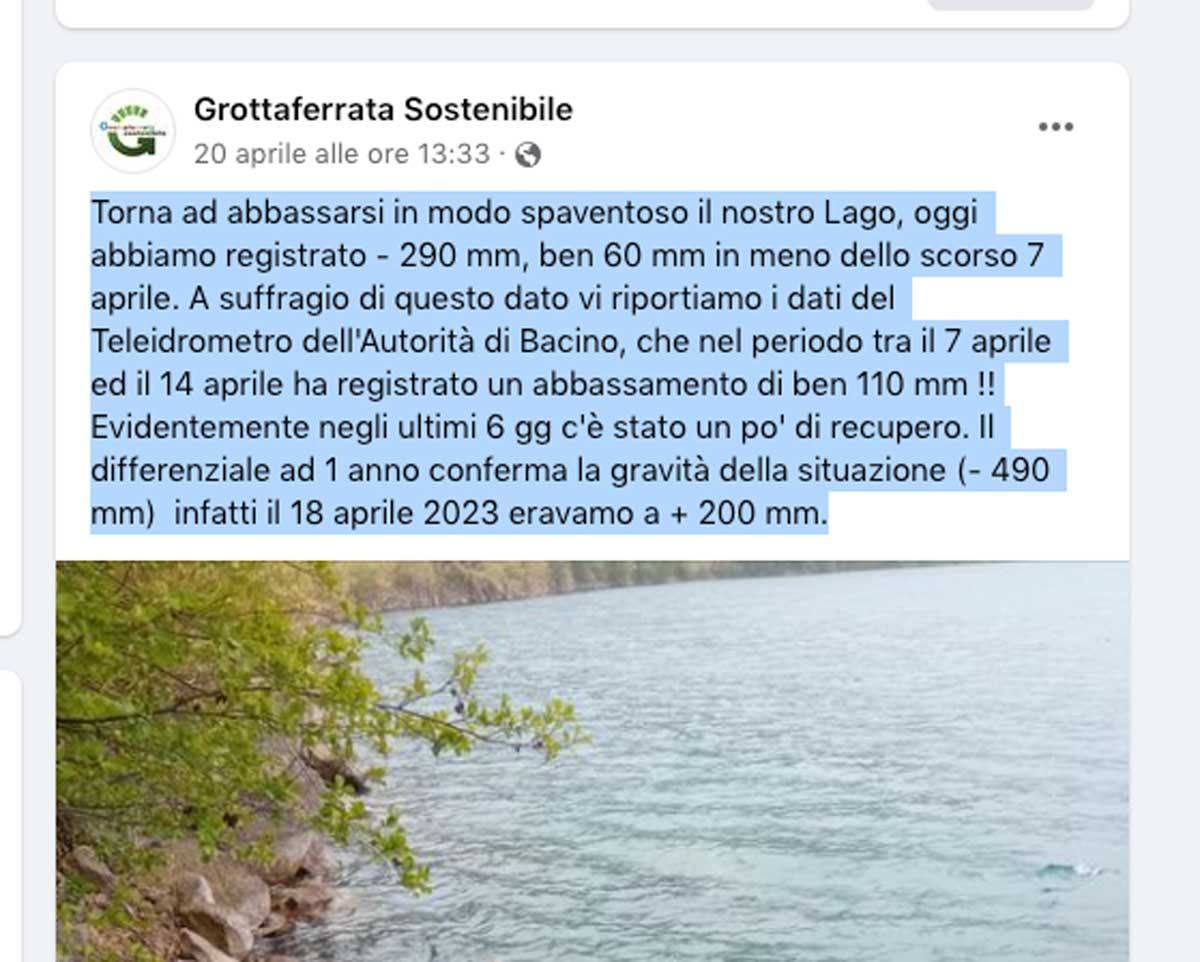 Lago Albano, il post dell'associazione Grottaferrata Sostenibile