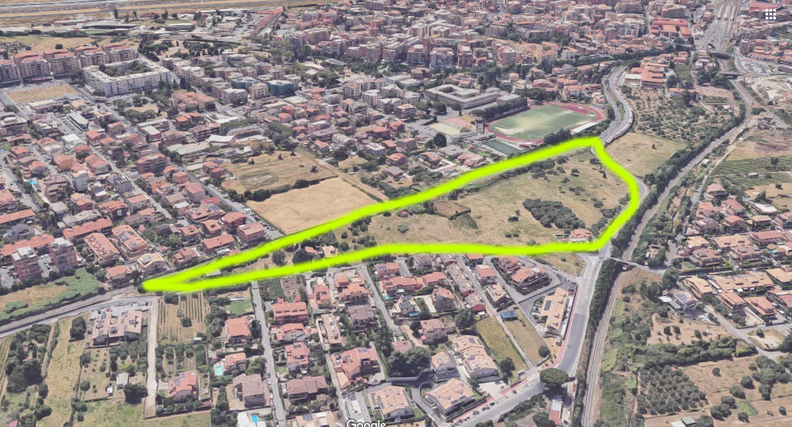 Ciampino, l'area oggetto della nuova mega-lottizzazione. Foto Google Maps elaborata con intelligenza artificiale
