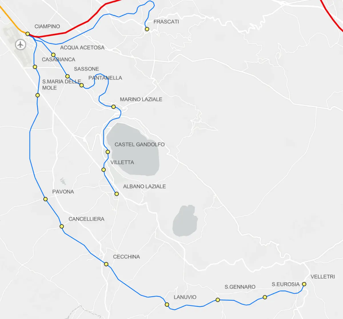 Mappa delle Linee ferroviarie dei Castelli Romani con relative fermate