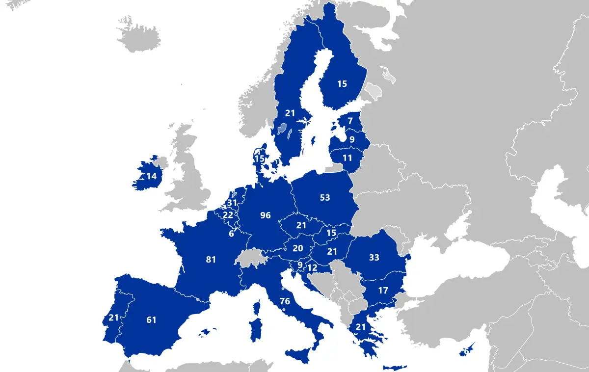 Mappa dell'Europa con l'indicazione dei seggi spettanti ad ogni nazione