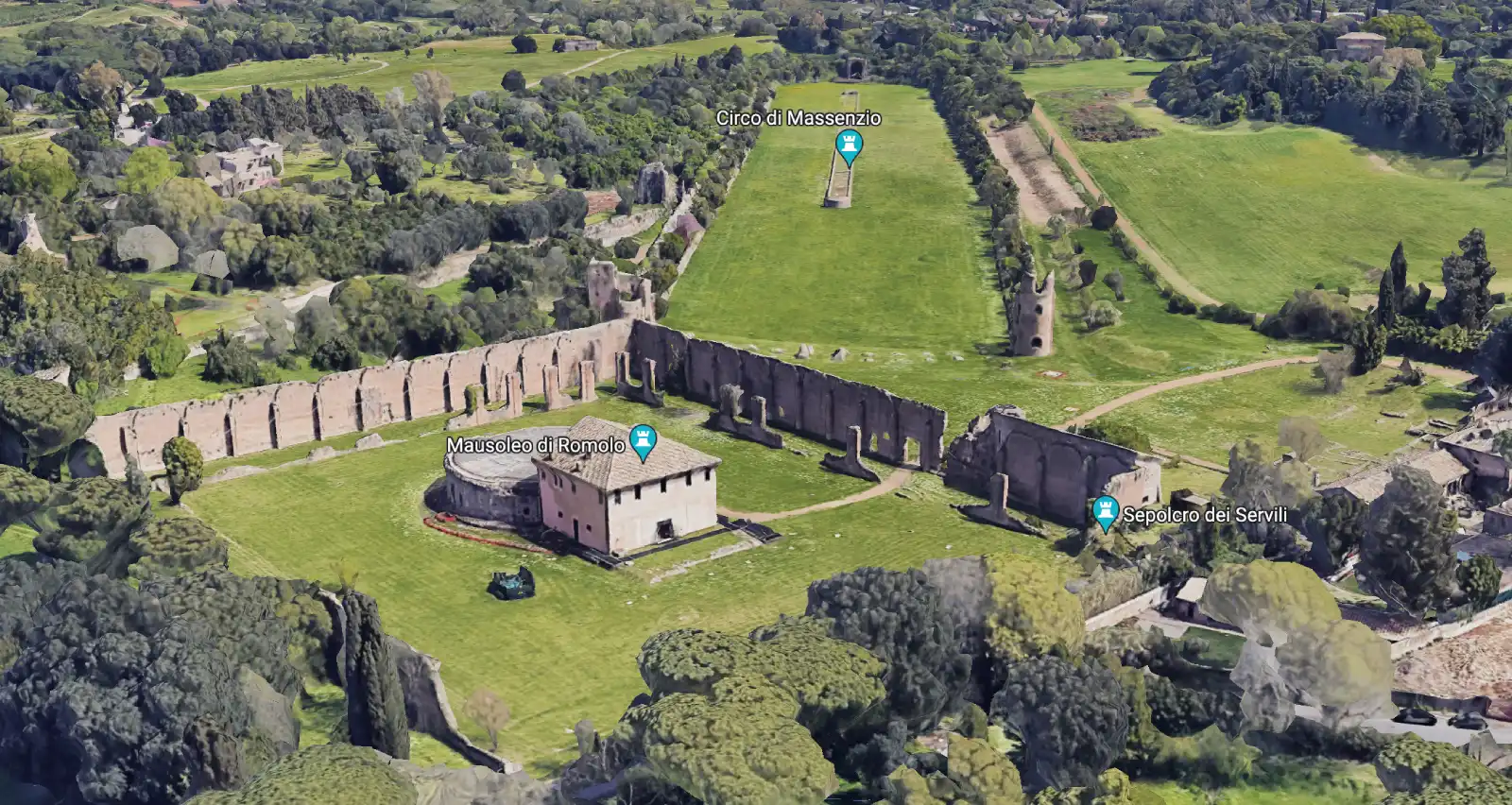 Roma, via Appia antica, Villa di Massenzio (Veduta aerea di Google Map con ausilio AI)