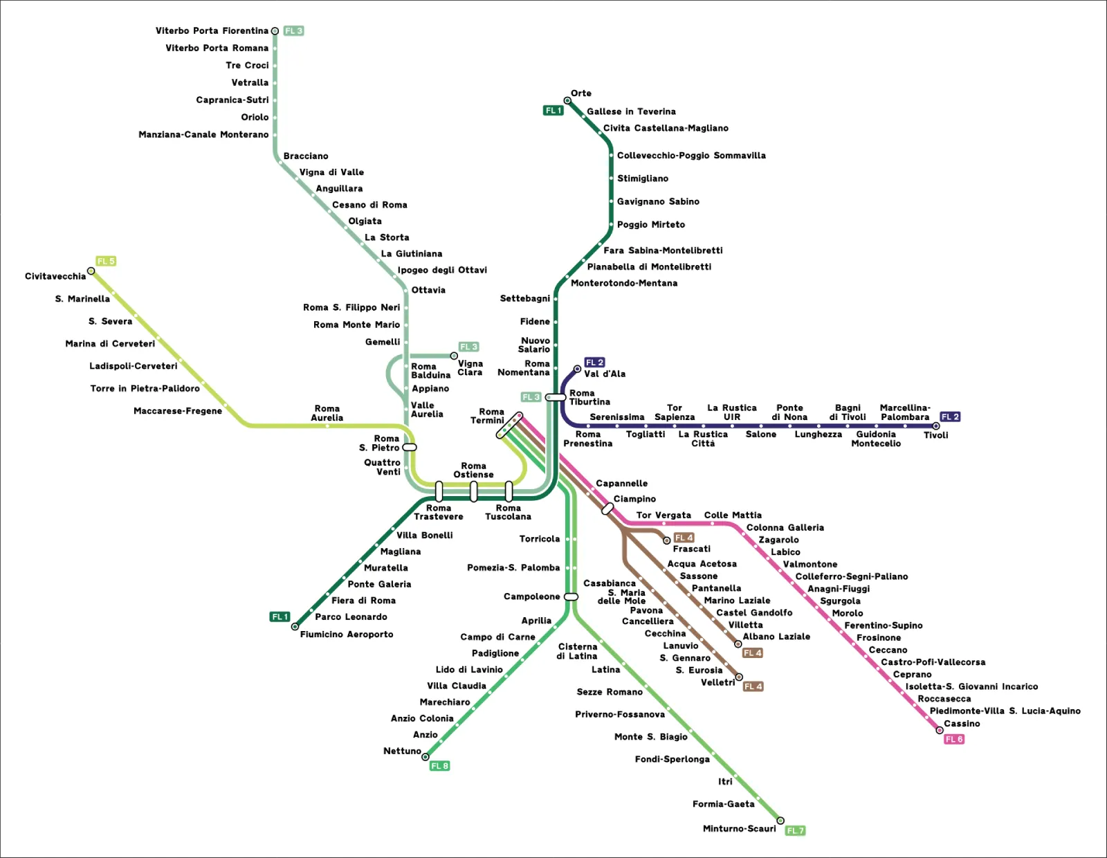 Mappa delle linee treni regionali del Lazio