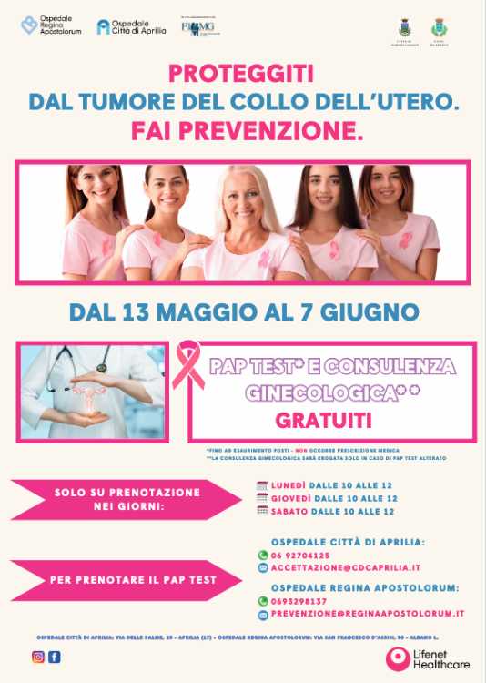 locandina della campagna di prevenzione ad Aprilia e Albano con Pap test gratuito
