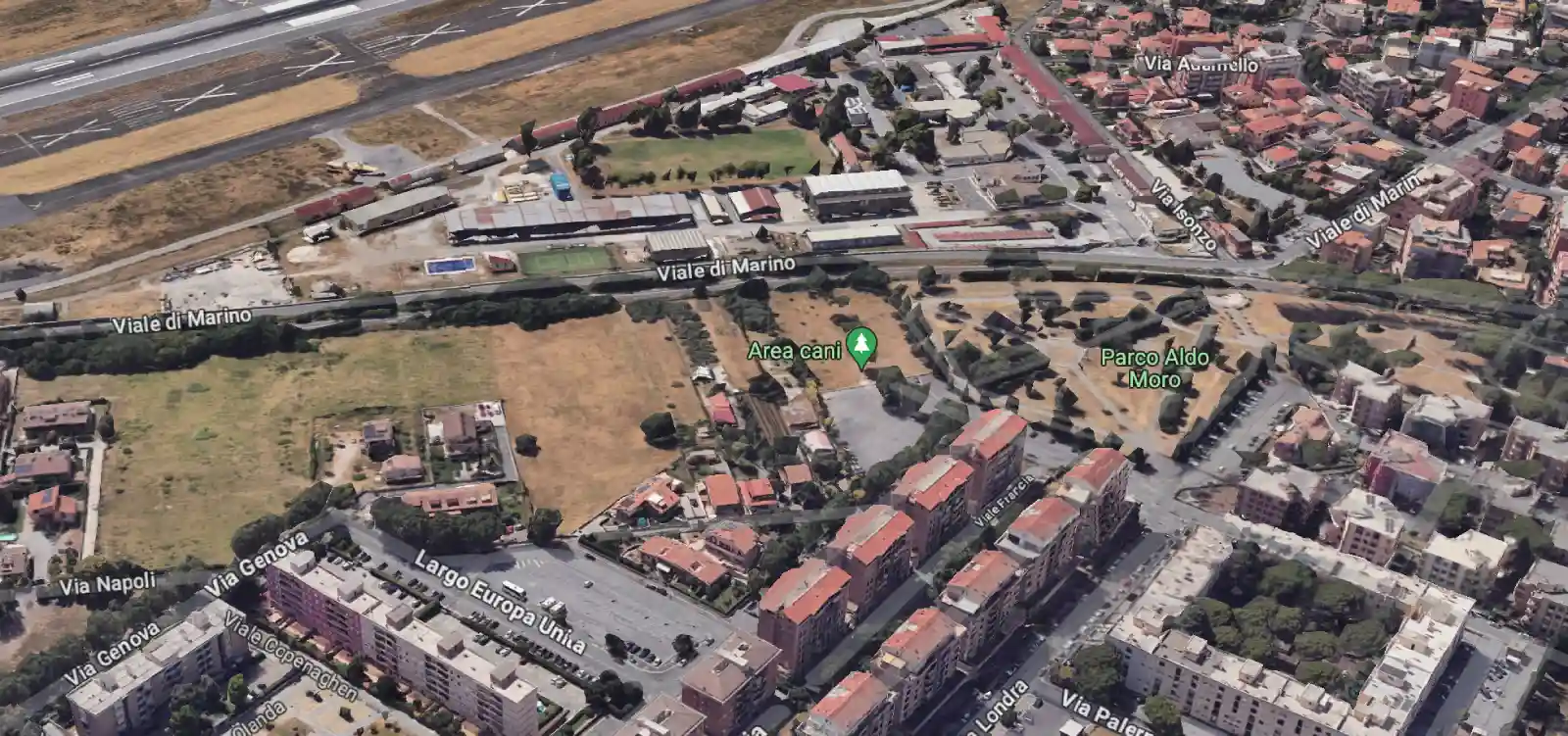 Visuale dall'alto del Parco Aldo Moro di Ciampino con indicata la zona dell'area cani (Google Map con ausilio AI)