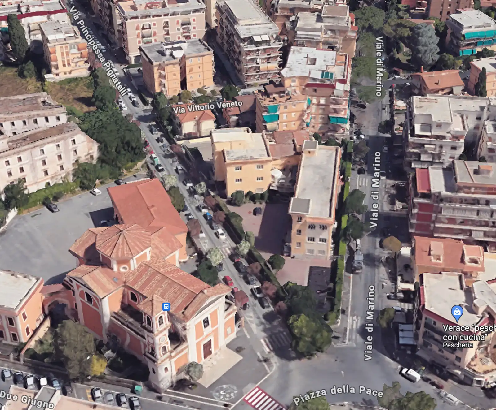 Visualizzazione dall'alto della zona di Ciampino centro interessata dai lavori (Google map 3D con ausilio AI)