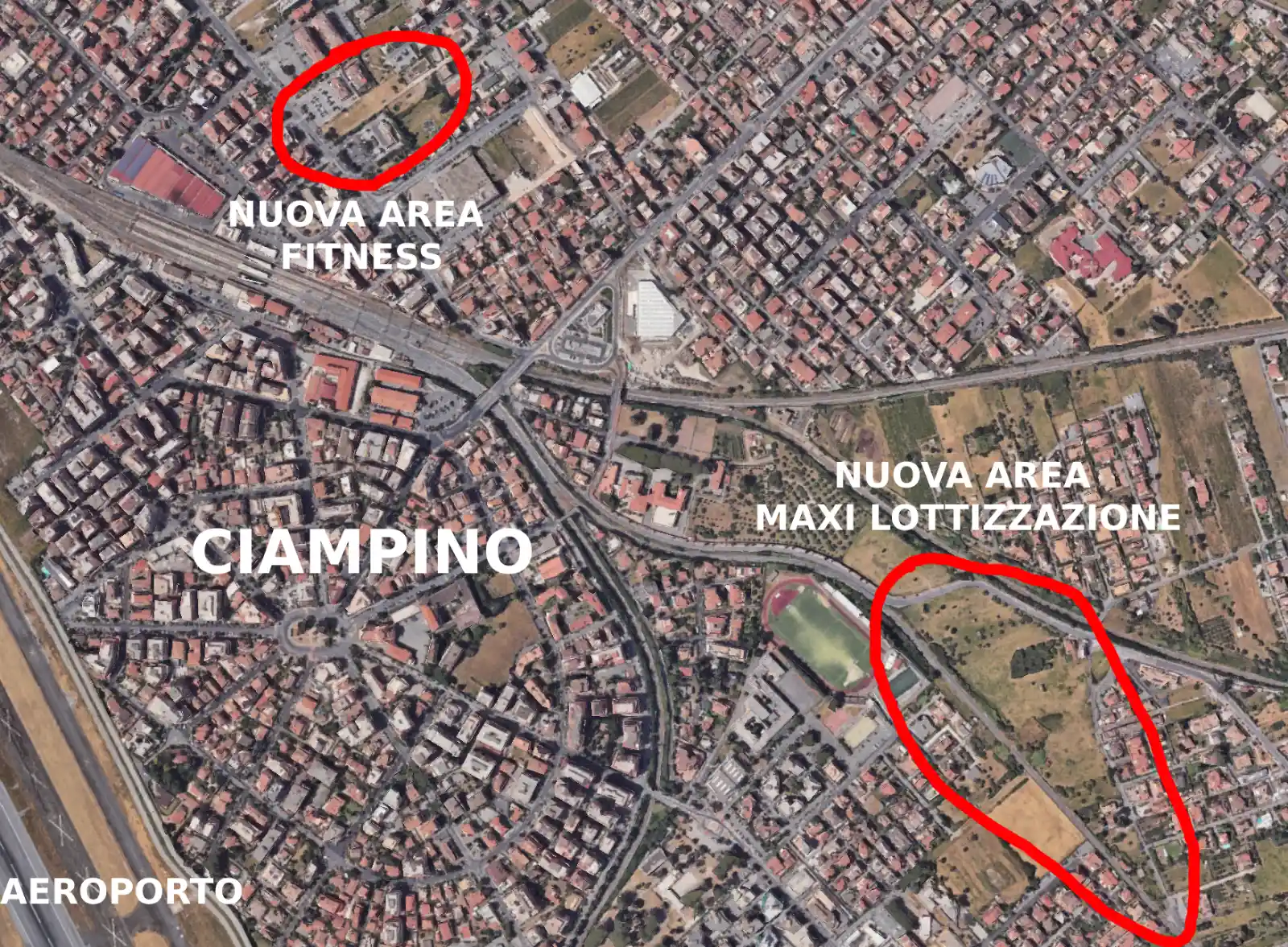 MAppa di Ciampino indicanti le nuove aree fitness e maxi lottizzazione