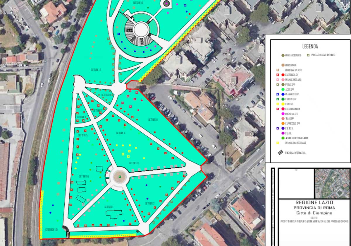 Mappa del progetto di piantumazione e rinnovo delle piante e ristrutturazione dell'intera area verde di Parco Aldo Moro a Ciampino