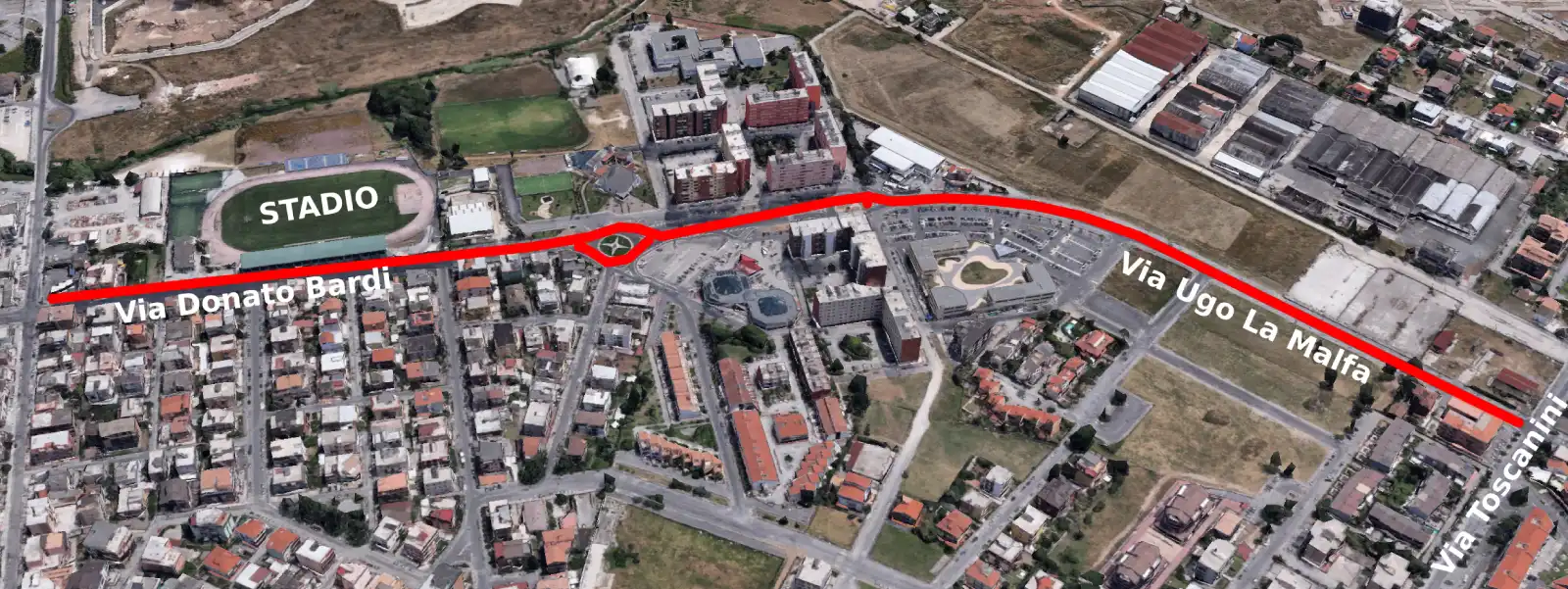 Aprilia zona mercato settimanale indicata dalla linea rossa (elaborazione su immagine Google map 3d con ausilio AI)