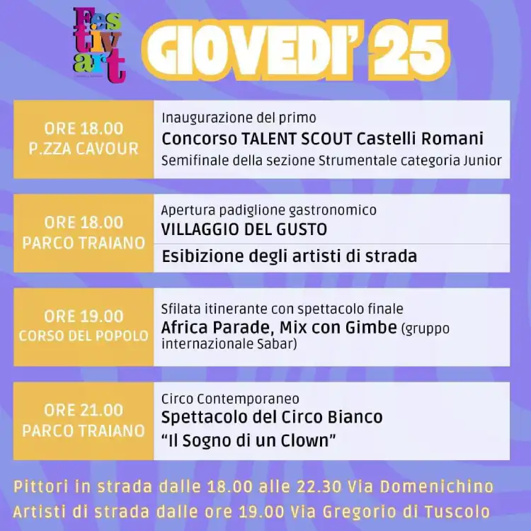 il programma del Festivart di Grottaferrata del 25 luglio