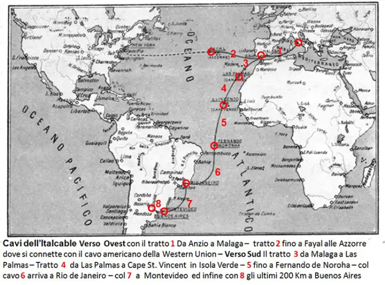 La mappa dei cavi transoceanici Italcable da Anzio verso le Americhe