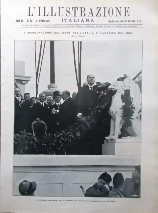 La copertina della rivista "L'Illustrazione Italiana" con un momento dell'inaugurazione del cavo transoceanico ad Anzio. Si vede il Capo del Governo di allora, Benito Mussolini