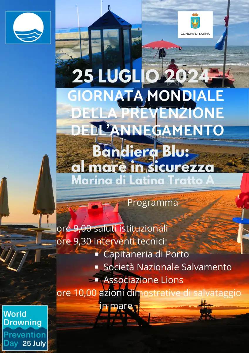 La locandina della manifestazione al lido di Latina “Bandiera Blu: al mare in sicurezza” in occasione della Giornata Mondiale della Prevenzione dell'Annegamento. 