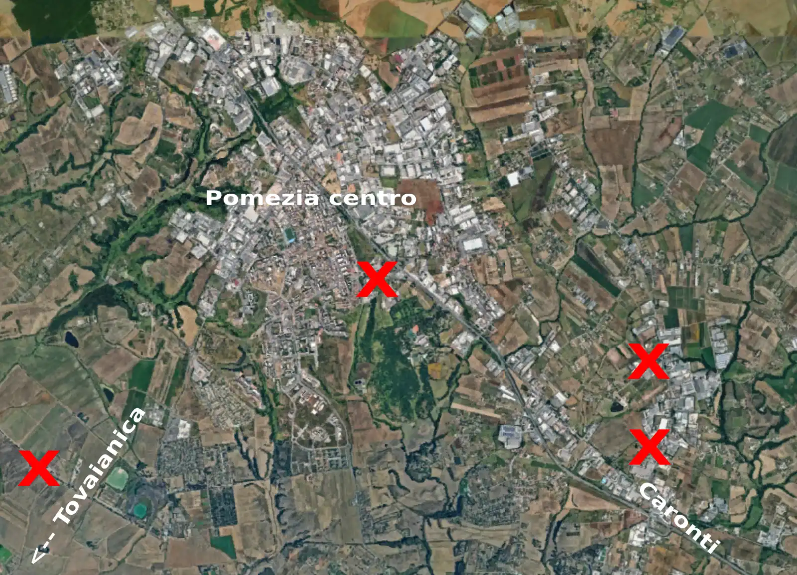 Mappa del territorio di Pomezia: con la "X" in rosso sono indicate le zone dove ci sono problemi con i rifiuti (Elaborazione su immagine Google maps)