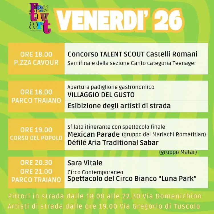 il programma del Festivart del 26 luglio