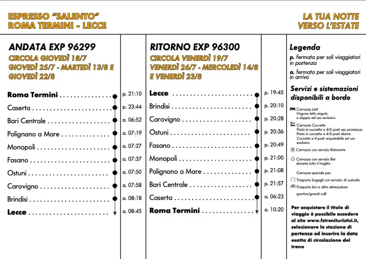 Tabella oraria treno Espresso Salento Roma - Lecce e viceversa