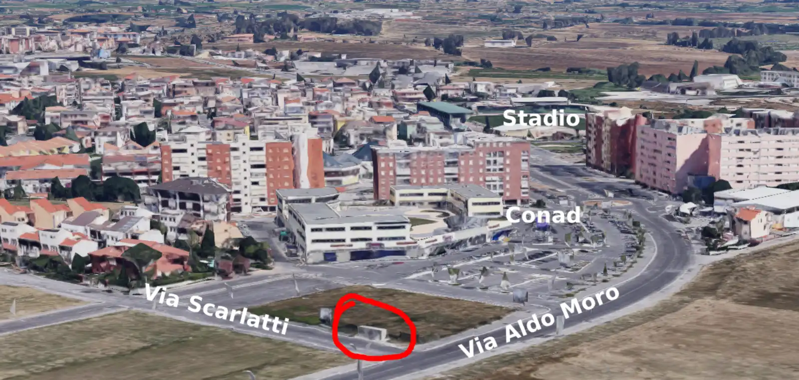 Parco Roberto Fiorentini di Aprilia con area delimitata in rosso indicante il luogo del furto (generata da Google Maps 3D con AI)