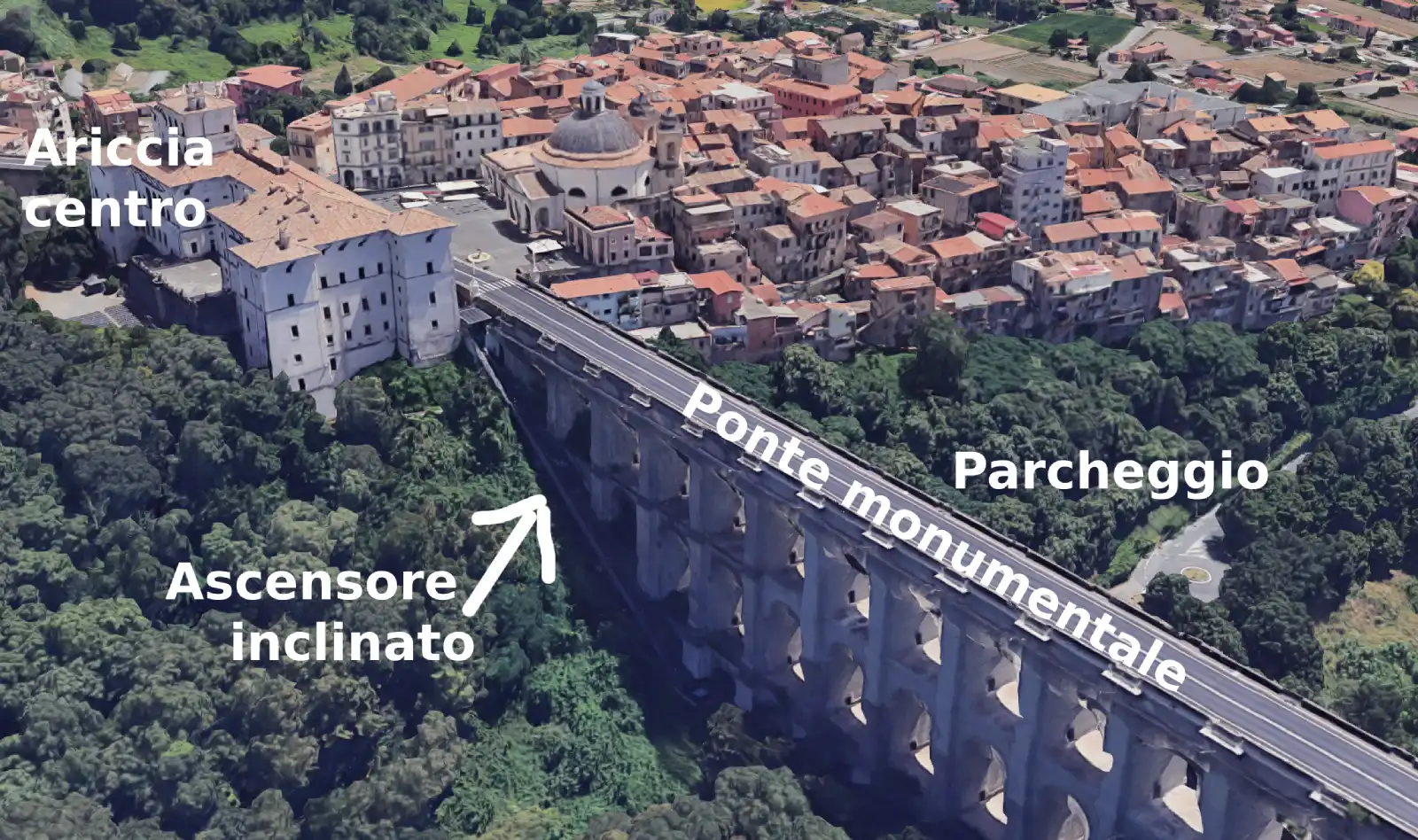 Ariccia, ascensore inclinato (elaborazione immagine Google Maps 3D con ausilio AI)