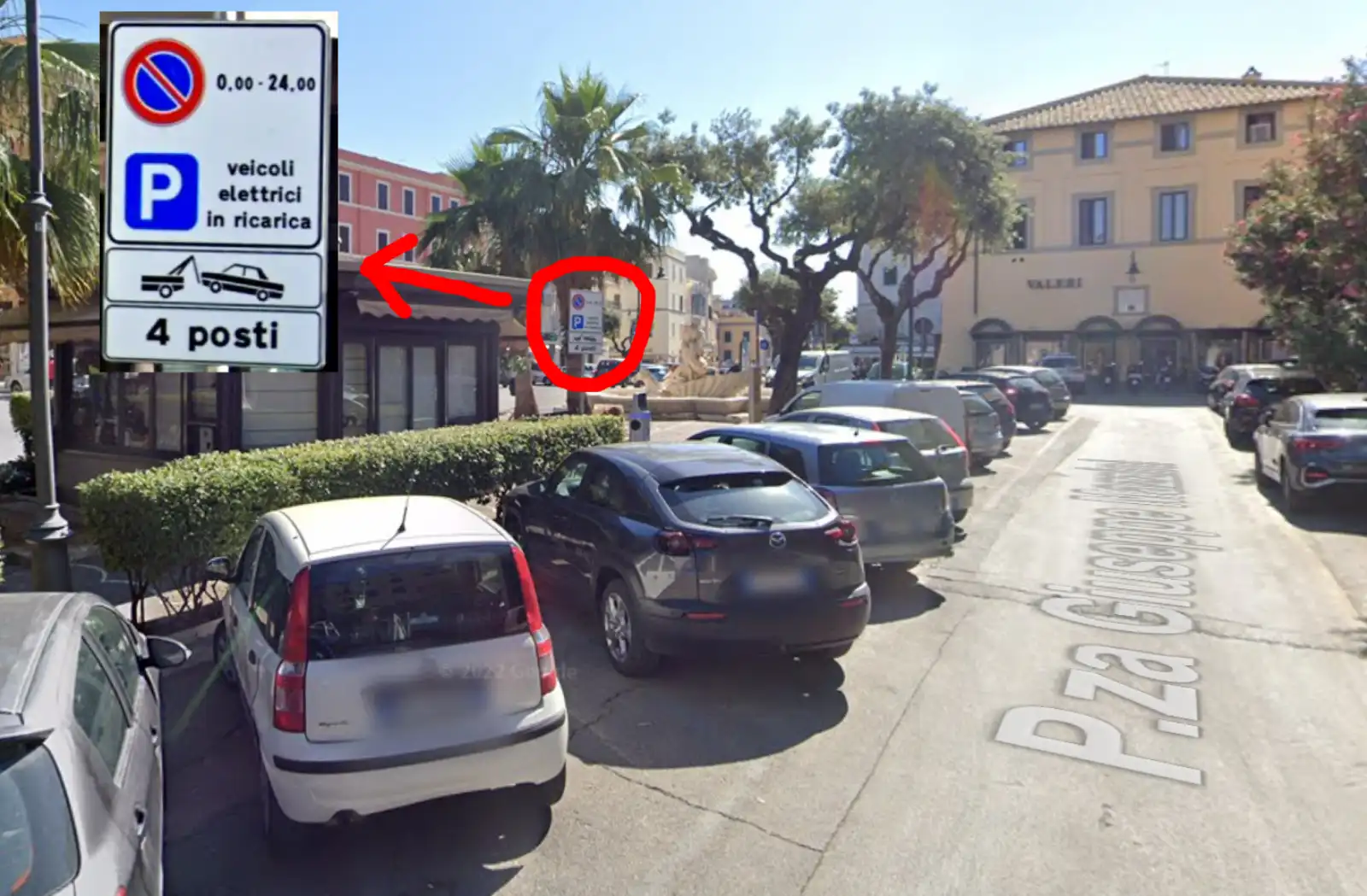 Nettuno Piazza Mazzini. Nel riquadro lo zoom al cartello stradale