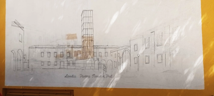 progetto disegno di Agnese Battistin della vecchia Piazza Roma e palazzo comunale di Aprilia