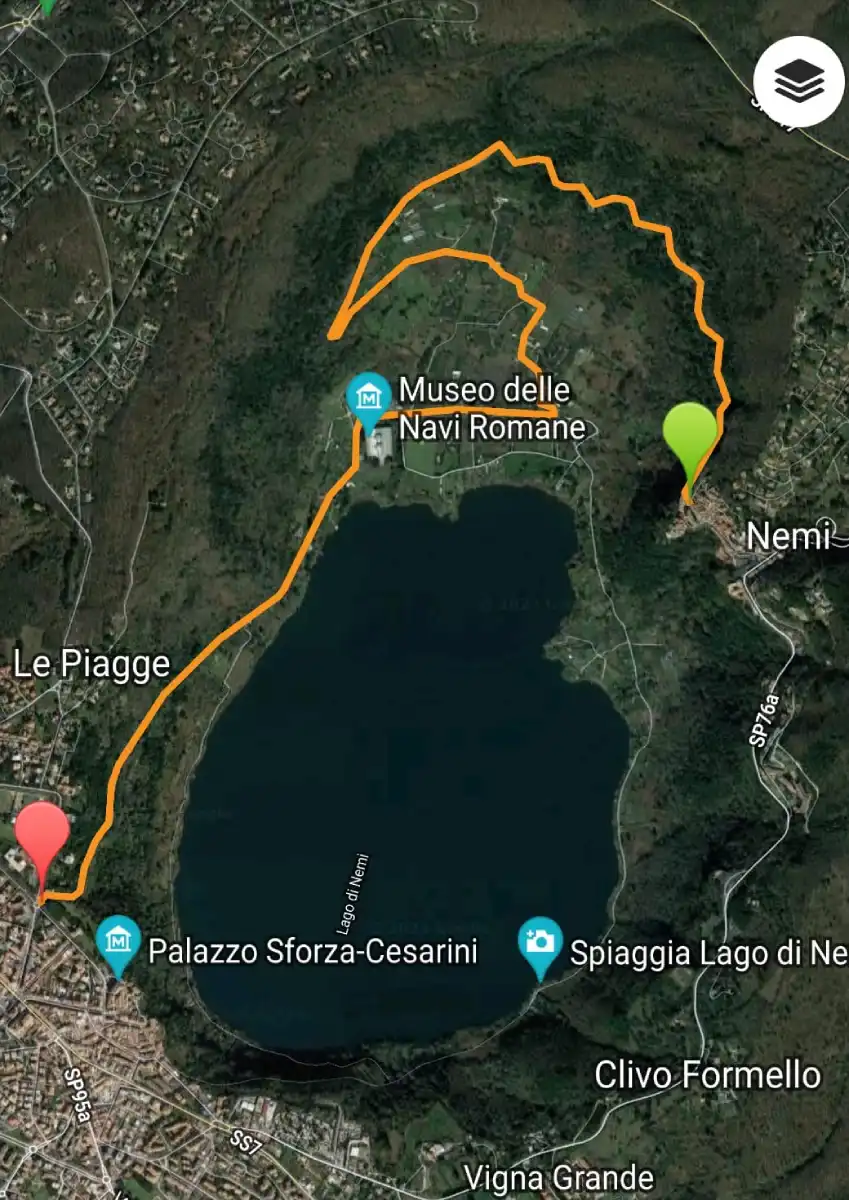 La cartina del percorso della fiaccolata di San Lorenzo con partenza da Nemi e arrivo a Genzano, costeggiando il lago 