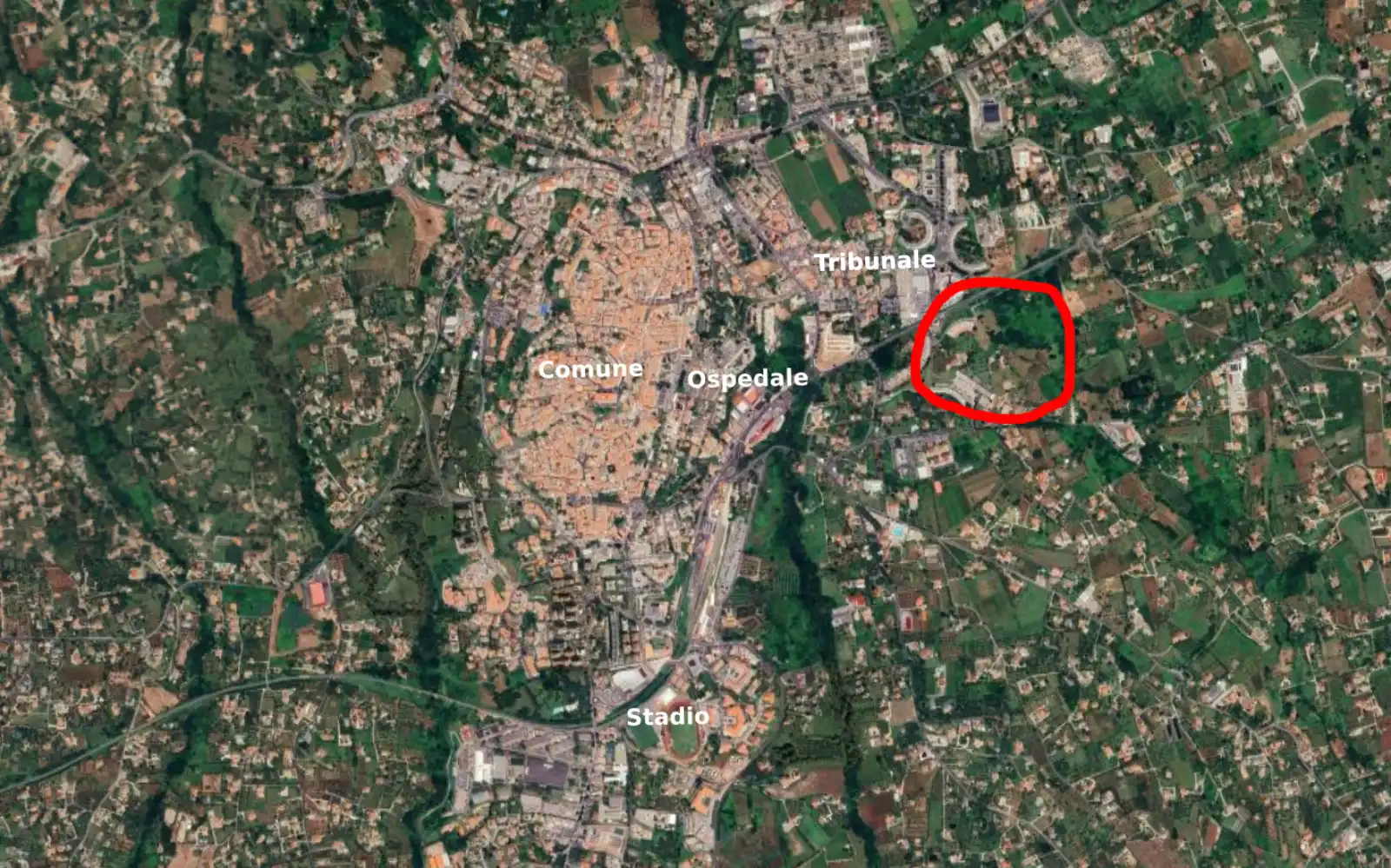 Mappa della zona (cerchiata in rosso) dove sorgerà il nuovo parco di Velletri