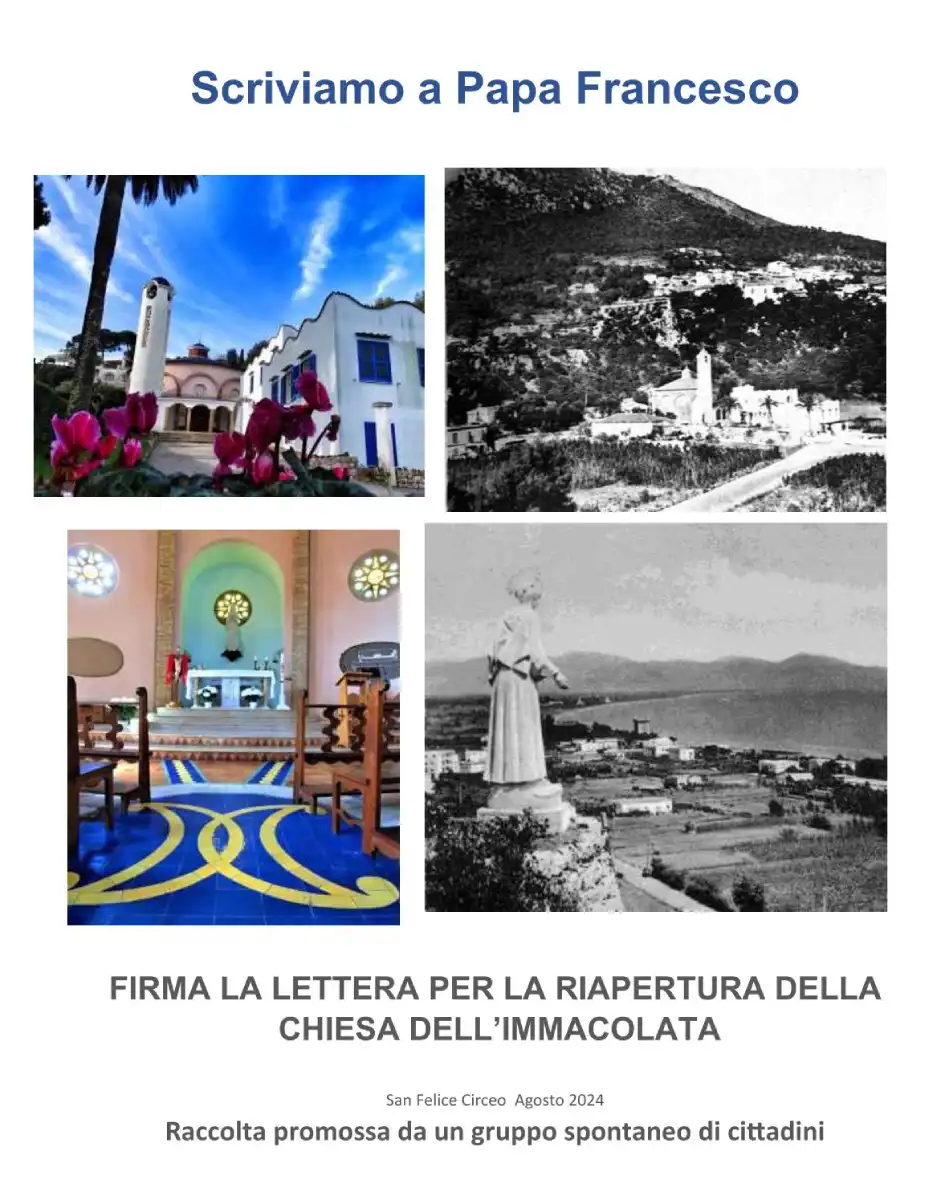 Volantino dell'invito a sottoscrivere la lettera a Papa Francesco per la riapertura della Chiesa dell'Immacolata a San Felice Circeo